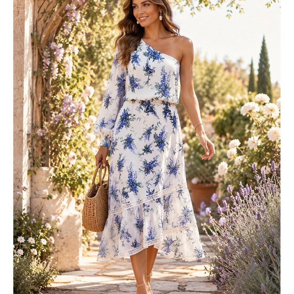 ASOS One Shoulder Blue Floral Midi Dress White Lace Trim Size US 8 Feminine